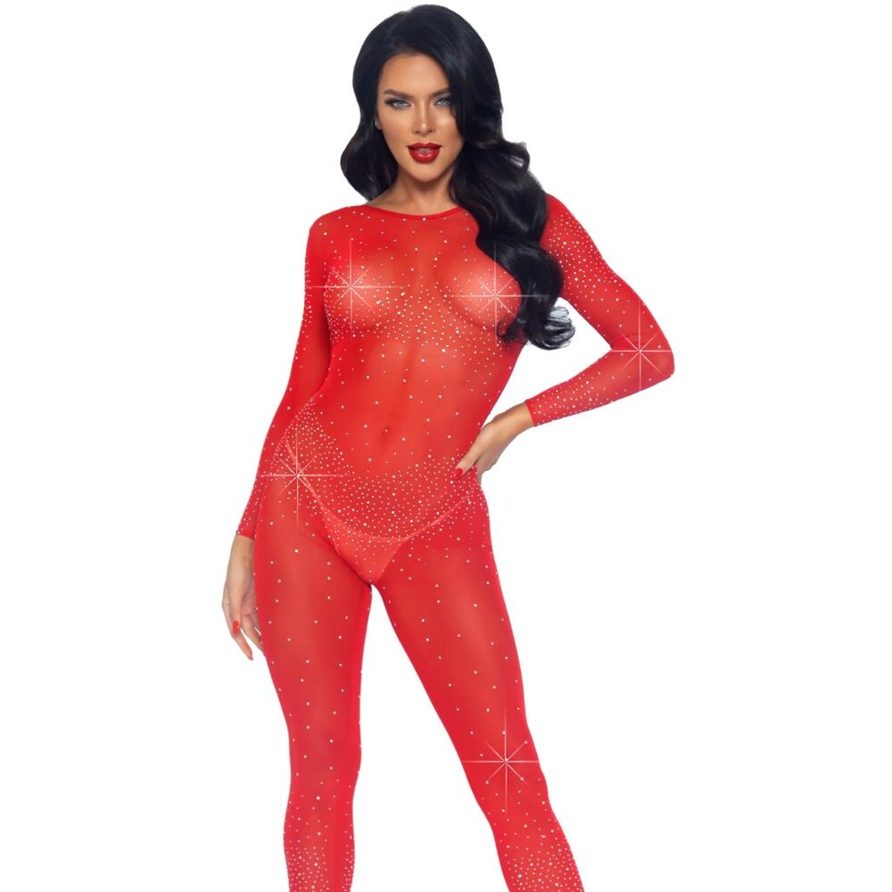 Sheer Rhinestone Long Sleeve Catsuit
